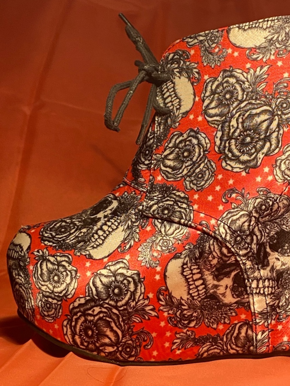 IRON FIST super high platform ankle booties,hot pink satin,skull print,lace up 7 - Picture 2 of 14
